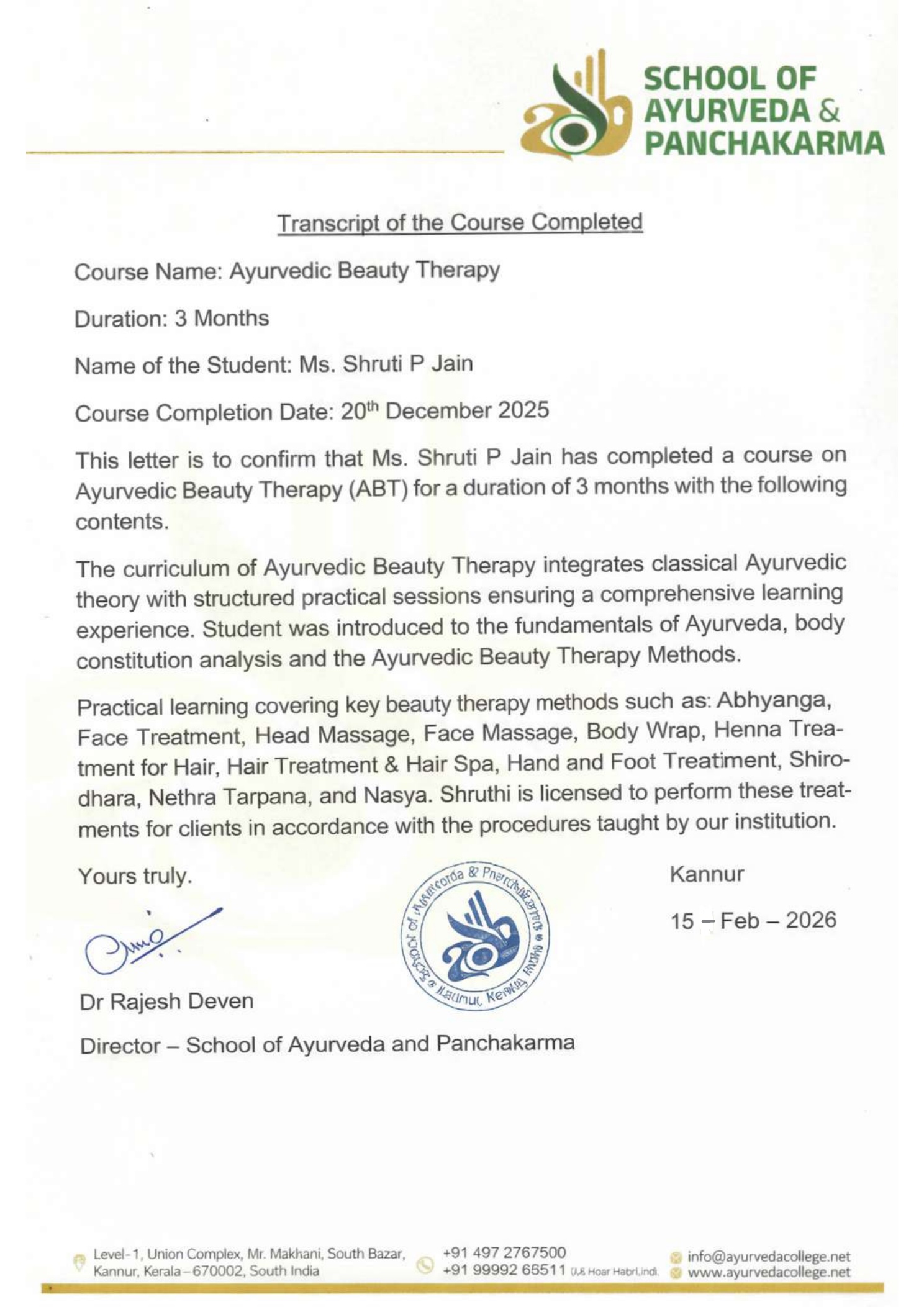Ayurvedic Beauty Therapy ABT Course Transcript — School of Ayurveda & Panchakarma, Kannur, Kerala — Shruthi P Jain