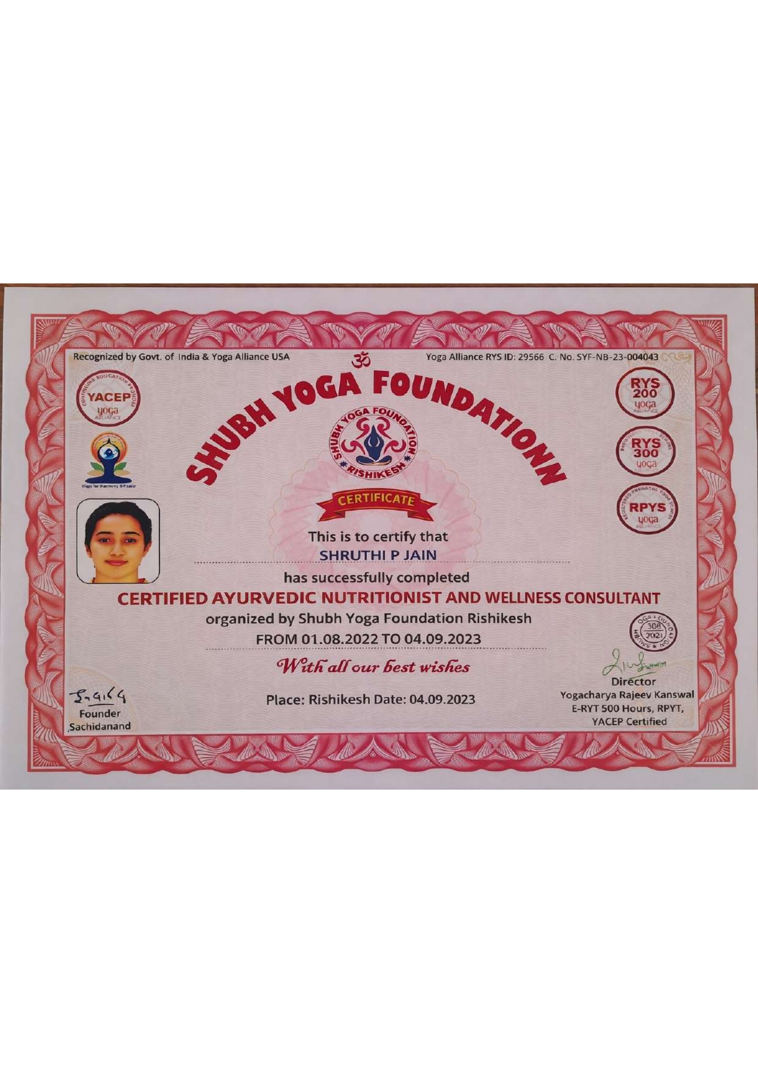 Certified Ayurvedic Nutritionist & Wellness Consultant — Shubh Yoga Foundation Rishikesh