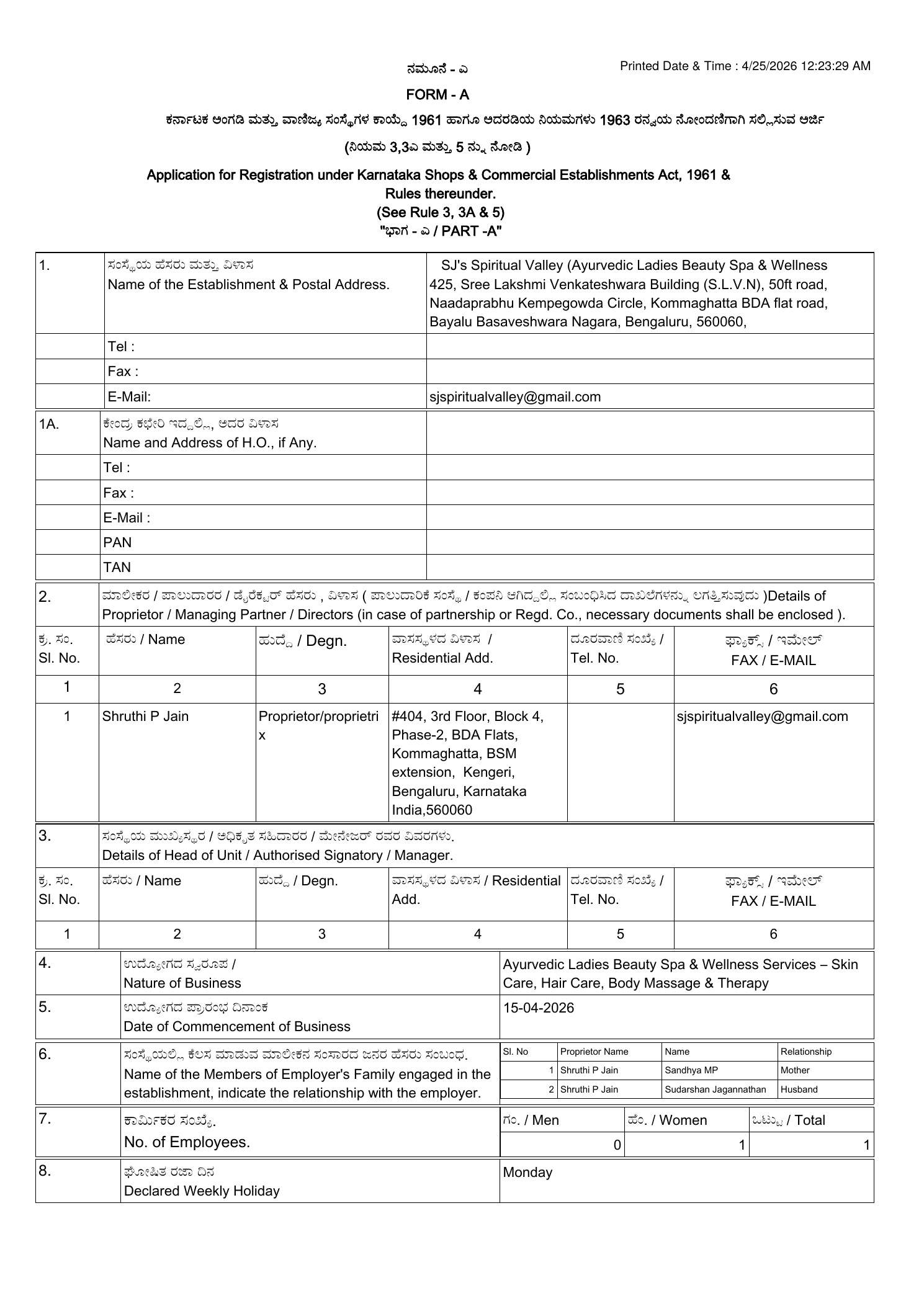 Karnataka Shops & Commercial Establishments Registration — SJ's Spiritual Valley, Bangalore